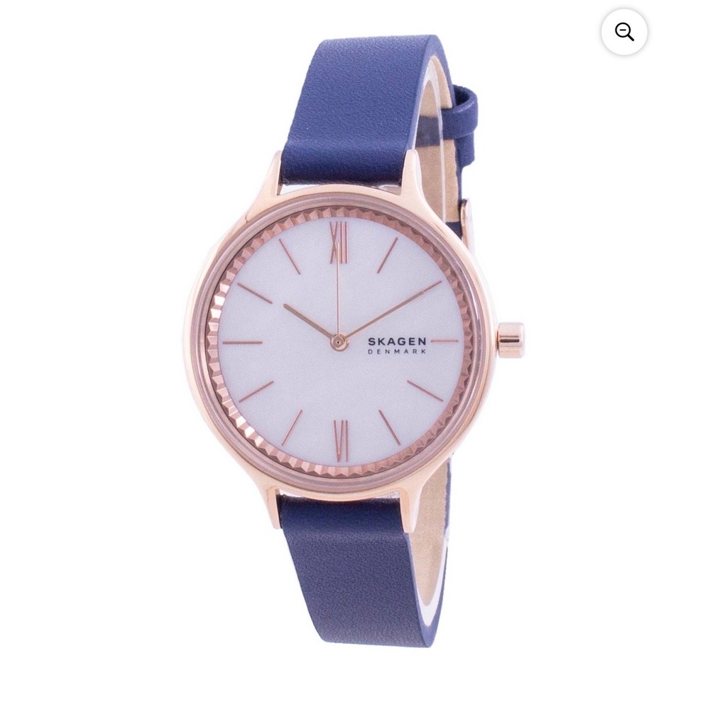 Skagen Anita Rose Gold Mother of Pearl Dial Navy Leather Strap Watch SKW2702
